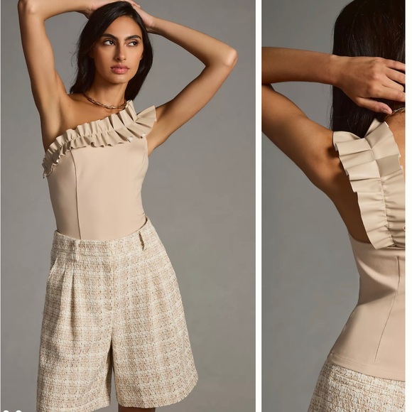 Anthropologie Tops - Sunday in Brooklyn One-Shoulder Ruffled Faux Leather Top. Light Sand color